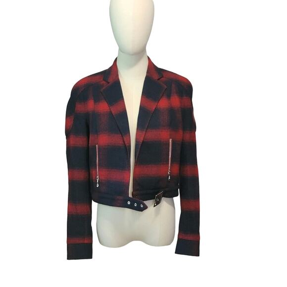 Bebe Plaid Buffalo Check Print Moto Jacket Red Navy Blue Short Crop Size 6 - Picture 14 of 16